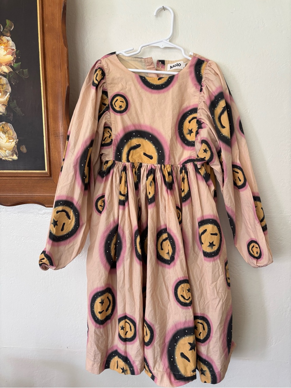 Molo Girls' Beige Cally Space Happy Print Long Sleeve Dress